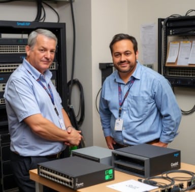 Монтажник подключает оптоволокно к бюджетному OLT в небольшой точке присутствия.